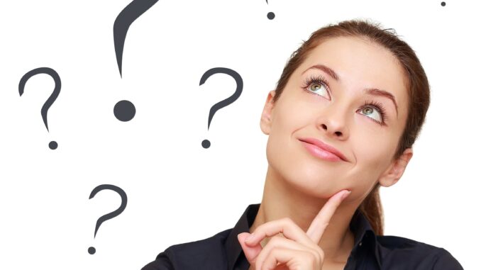 Thinking Business Woman Looking Up On Many Questions Mark Isolat