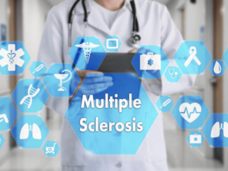 Some medical signs with big sign of Multiple Sclerosis and background of doctor wearing white blouse uniform.