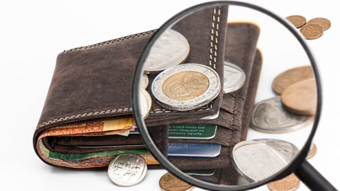 A wallet with some cash, card, coin looked by magnifying glass