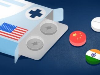 A medication box with American flag and some pills with China and Iran 's flag