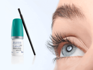 The allergan Latisse 0.03% 5ml next to woman's eye.