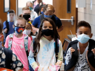 The elementary students wearing face mask in the school.