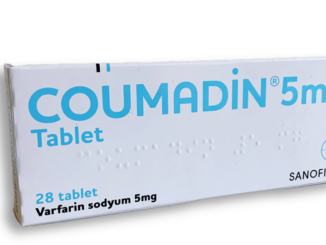 The box of Coumadin 5mg with 28 tablets.