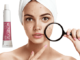 The medicine tube of Acnelyse and a lady with acne in her face holding magnifying glass.