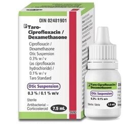 A box and bottle of Taro-Ciprofloxacin 7.5mL